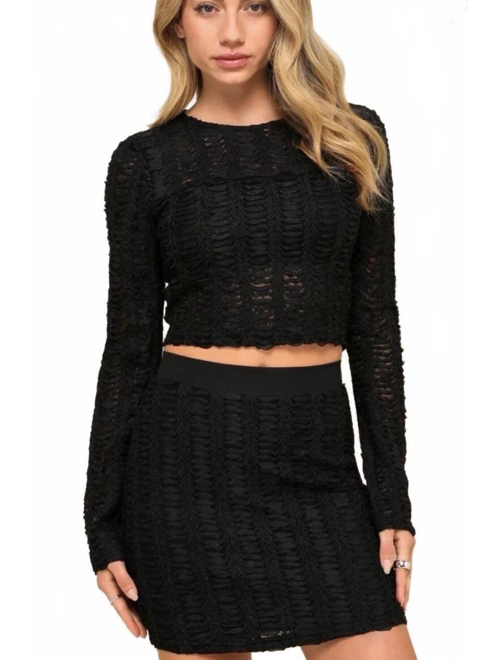 Lulu's Black Textured Two-Piece Bodycon Dress Set with Long Sleeve Crop Top